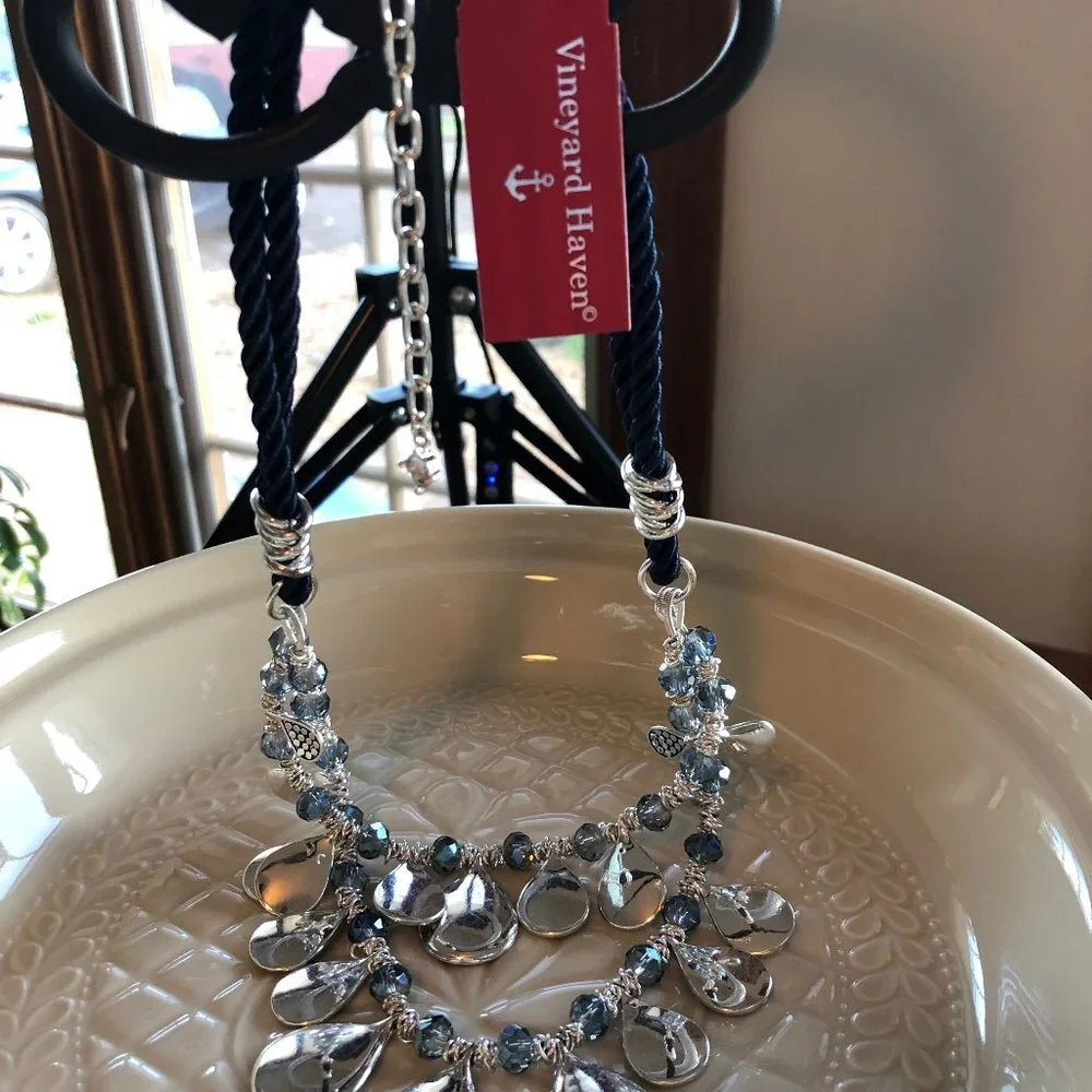 VINEYARD HAVEN Statement 2 Strand Silvertone/Blue Rope Necklace NWT